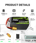 6S 22.2V 1550mAh LiPo Battery With XT60 Connector For RC FPV Racing Drones 100C Discharge, showing product details and dimensions