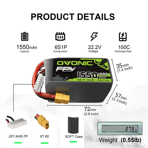 6S 22.2V 1550mAh LiPo Battery With XT60 Connector For RC FPV Racing Drones 100C Discharge, showing product details and dimensions