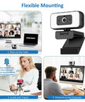 2K Webcam With Built In Ring Light Ultra HD Web Camera For Desktop Computers shown mounted on laptop and desk for video calls.