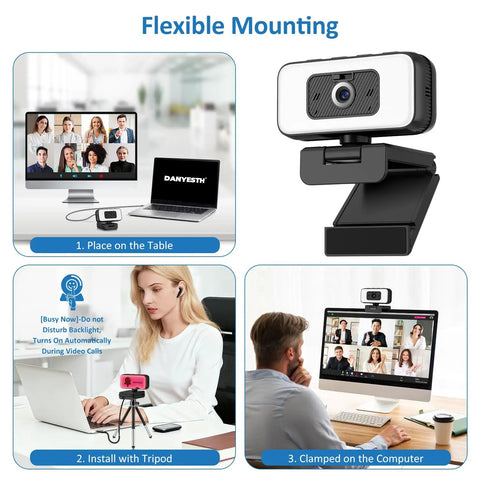 2K Webcam With Built In Ring Light Ultra HD Web Camera For Desktop Computers shown mounted on laptop and desk for video calls.