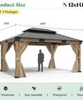 12x14 Heavy Duty Hardtop Gazebo with Double Metal Roof, wood outdoor pavilion with privacy curtains and mosquito netting