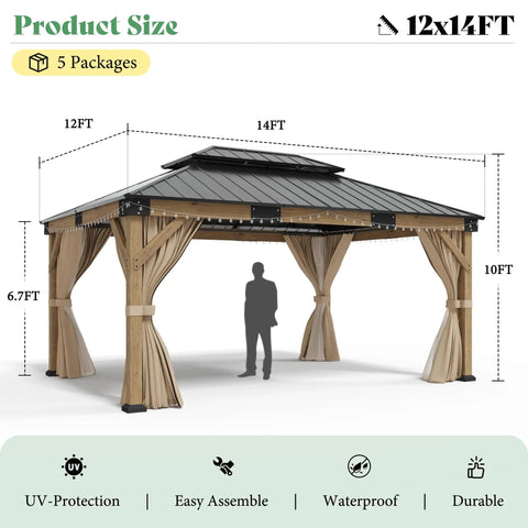 12x14 Heavy Duty Hardtop Gazebo with Double Metal Roof, wood outdoor pavilion with privacy curtains and mosquito netting