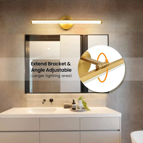 Gold Vanity Light Bar Over Mirror, 22 Inch LED Dimmable Fixture with 5 CCT color temperature and angle adjustable bracket in bathroom.