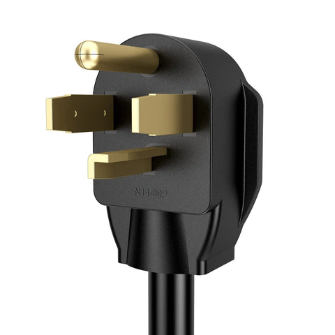 Close-up of 4-prong plug on 1.5 Foot Welder Adapter Cord 4 Prong NEMA 14-30P to 6-50R 240V Heavy Duty STW 10AWG 3C Cable