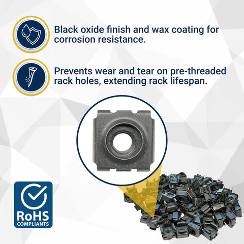 Black 10-32 snap-in cage nut showing corrosion resistance features for Top Shelf Heavy Duty Black 10-32 Cage Nuts Bulk Pack For Server Rack And Telecom Equipment Snap In Mounting Hardware No Sweat Rack Setup Gear 100 Count.