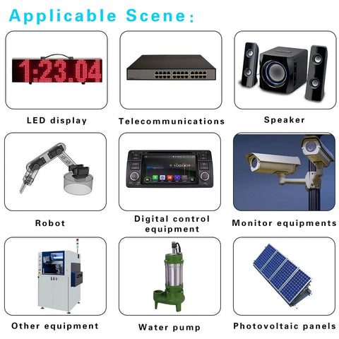 Various electronics like LED display, speaker, and water pump illustrating applications for a 12V To 24V DC Boost Converter 240W 10A Waterproof Fuse Protected Regulator Module Upgrade For Golf Cart Club Car LED Strip Lights And Other 12V Battery Electronics.