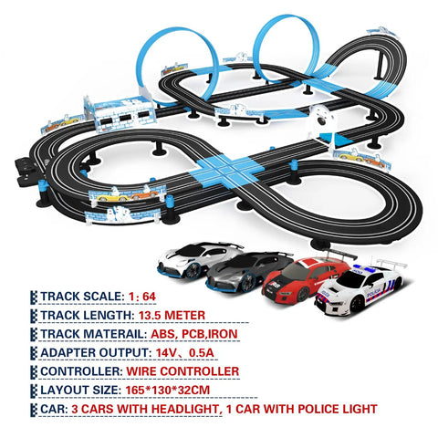 High Speed Slot Car Track Set With Dual Lanes, Four Officially Licensed Cars, Two Hand Controllers, Full Track Pieces, And Lap Counter