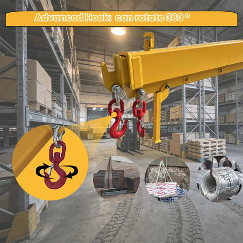 Heavy Duty Forklift Telescopic Boom Jib And Mobile Crane Extendable Lifting Arm With 4400 Lb Capacity features 360° rotating advanced safety hook.