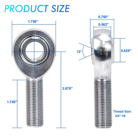 Beefy 3/4-16 Chromoly Heim Joints Kit With 5/8 Bore Left And Right Hand Threads Includes Jam Nuts Heat Treated And Hard Chrome Plated For Tough Auto Builds And Off Road Projects. size diagram with 5/8 bore