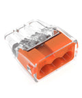 Ideal Electrical in-Sure 3-port push-in wire connector, orange/transparent, front view, for solid or stranded wires