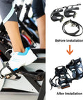 Toe Clip Pedal Cage System For Indoor And Outdoor Bikes, replacement clips with straps before and after installation on pedal