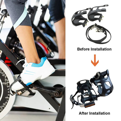 Toe Clip Pedal Cage System For Indoor And Outdoor Bikes, replacement clips with straps before and after installation on pedal