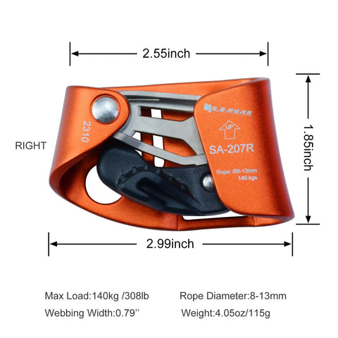 Upgraded Foot Ascender For Rope 8-13mm Right Foot 4kN Load Orange Beast Rock Climbing Gear with dimensions and specs visible