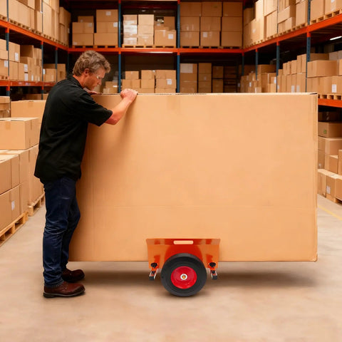 Beefy Heavy Duty Panel Dolly For All Terrain Use With 2 Wheel Slab Design And 10 Inch Solid Wheels, Supports Up To 1100 Lbs, man moving large board in warehouse