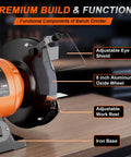 Ironclad 8 Inch Bench Grinder With A Beefy 750 Watt Motor Spinning At 3450 RPM For Sharpening Knives Chisels And Steel Stock Plus Adjustable Tool Rests And Splash Guards For The Garage, featuring adjustable eye shield and iron base.
