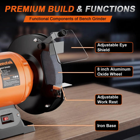 Ironclad 8 Inch Bench Grinder With A Beefy 750 Watt Motor Spinning At 3450 RPM For Sharpening Knives Chisels And Steel Stock Plus Adjustable Tool Rests And Splash Guards For The Garage, featuring adjustable eye shield and iron base.
