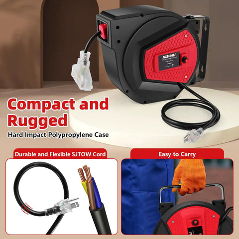 Retractable Extension Cord Reel 50 Feet 14 AWG 3 Conductor Power Cord For Garage And Workshop Wall Or Ceiling Mount