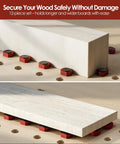 Top Shelf Workhorse Bench Dog Clamps In Twelve Pack Size For Mft Table Systems Featuring Non Slip Grips And Standard Three Quarter Inch Slots For Fast Woodworking Assembly And Heavy Duty Performance. Red aluminum clamps securing wood on a workbench.