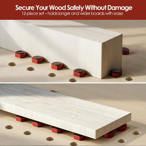 Top Shelf Workhorse Bench Dog Clamps In Twelve Pack Size For Mft Table Systems Featuring Non Slip Grips And Standard Three Quarter Inch Slots For Fast Woodworking Assembly And Heavy Duty Performance. Red aluminum clamps securing wood on a workbench.