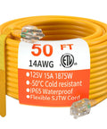 Heavy Duty Outdoor Extension Cord 14/3 Gauge 50 Feet Waterproof, 15 Amp 125 Volt, ETL Listed, 3 Prong Grounded Outlet, Rugged All Weather Performance for Tools, Appliances, Lights and More, coiled yellow cord