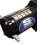 12V ATV winch motor detail, 2000 lb capacity, permanent magnet motor, off-road recovery gear label