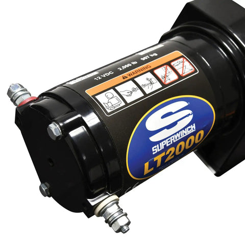 12V ATV winch motor detail, 2000 lb capacity, permanent magnet motor, off-road recovery gear label