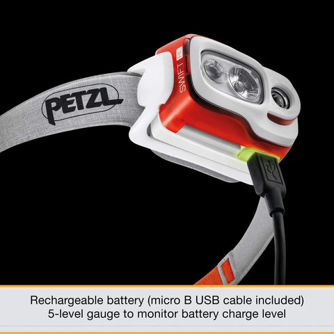 Swift RL Rechargeable Headlamp With Reactive Lighting Technology, 900 Lumens, Blue, showing close-up of charging cable and strap