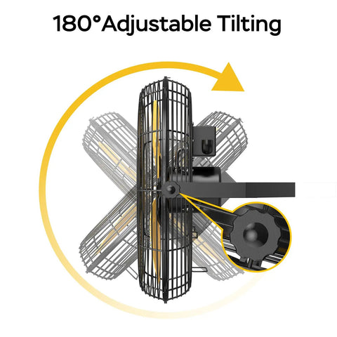 Heavy Duty 5400 CFM 20-Inch Outdoor Wall Mount Fan With High Velocity Air, 3 Speed Settings, showing 180° adjustable tilting