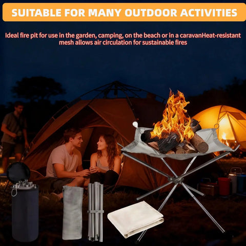 22 Inch Outdoor Folding Fire Pit For Camping And Backyard Fun with heat-resistant mat and carrying bag near tents at night