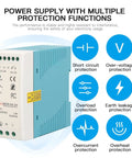 24V DC DIN Rail Power Supply 60W With 100 240V AC Input And 2.5A Output Industrial Switching Converter front view with features