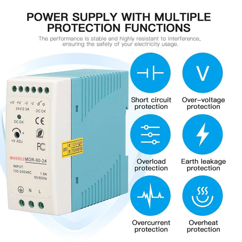 24V DC DIN Rail Power Supply 60W With 100 240V AC Input And 2.5A Output Industrial Switching Converter front view with features