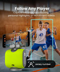 Chameleon AI Auto Sports Action Camera, 4K 60FPS Real Time Player Tracking for Soccer and Basketball, shown tracking a basketball player on screen.