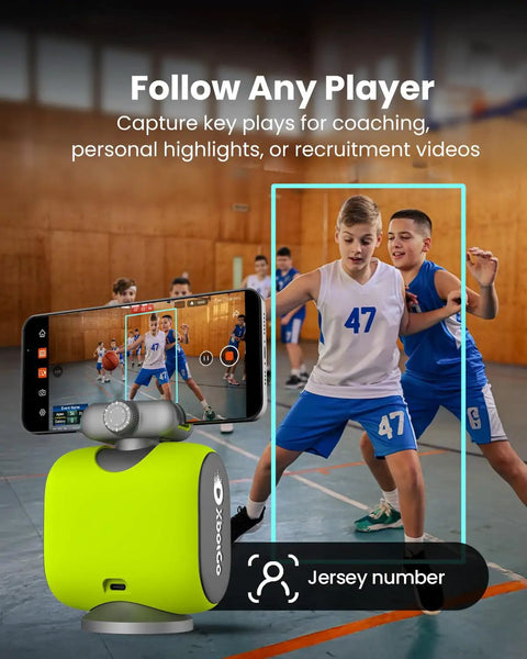 Chameleon AI Auto Sports Action Camera, 4K 60FPS Real Time Player Tracking for Soccer and Basketball, shown tracking a basketball player on screen.