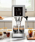 Rock Solid 20 Bar Espresso Maker Stainless Steel Chassis with digital screen brewing espresso and cappuccino on kitchen counter.