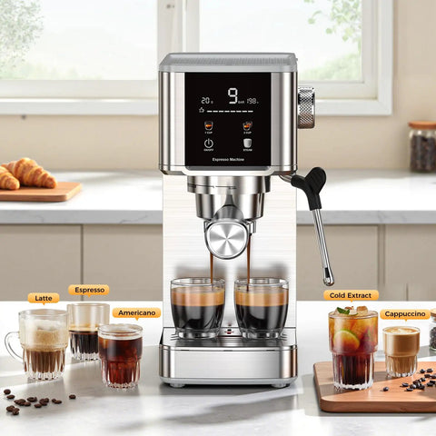 Rock Solid 20 Bar Espresso Maker Stainless Steel Chassis with digital screen brewing espresso and cappuccino on kitchen counter.
