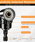 Flexible Drill Bit Extension Set Four Piece With 1/4 To 1/2 Inch Socket Adapters 360 Degree Rotating Pro Grade Extension Kit Right Angle Attachment with metal components labeled as zinc alloy and carbon steel.