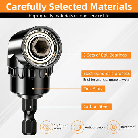 Flexible Drill Bit Extension Set Four Piece With 1/4 To 1/2 Inch Socket Adapters 360 Degree Rotating Pro Grade Extension Kit Right Angle Attachment with metal components labeled as zinc alloy and carbon steel.