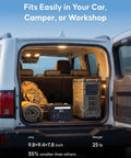 Rugged Portable Power Station Delivering A Solid 1000W Output Loaded With 1008Wh LiFePO4 Cells and a quick 140W USB C port in a vehicle trunk.