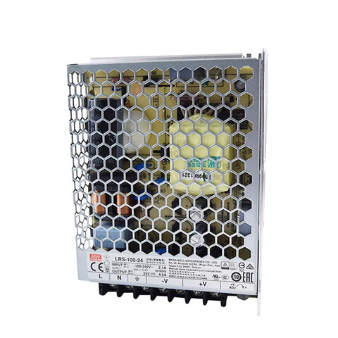 High Efficiency 24V AC DC Switching Power Supply 100W 4.5A with honeycomb metal casing for industrial and home use.