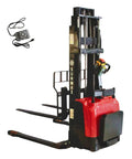 Industrial Grade Electric Straddle Stacker Rated For 3300 Lb Capacity With 157 Inch Lift in warehouse setting, steel frame, red accents.