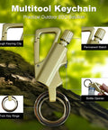 Three Pack Infinity Lighter Multitool Keychain With Bottle Opener Refillable Metal Lighter For Camping And Hiking Built Tough For Outdoorsy Guys Gift For Men showcasing keychain features like twin rings, permanent match, and bottle opener.
