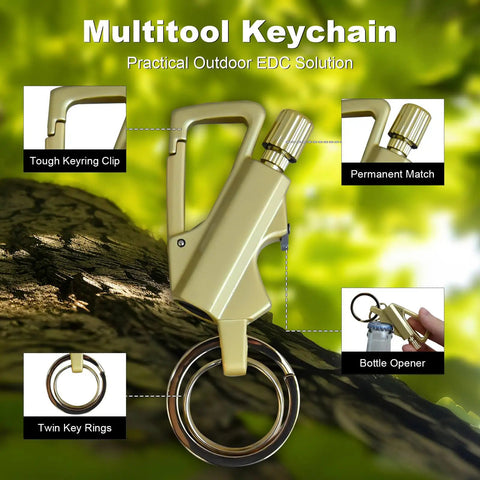 Three Pack Infinity Lighter Multitool Keychain With Bottle Opener Refillable Metal Lighter For Camping And Hiking Built Tough For Outdoorsy Guys Gift For Men showcasing keychain features like twin rings, permanent match, and bottle opener.