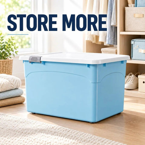 Hassle Free Stackable Storage Bins With Slick Rolling Wheels And Secure Tight Fitting Lids Tailored For Crunching Clutter Closets Dorm Rooms And Garage Use, blue plastic bin with lid in a cozy room.