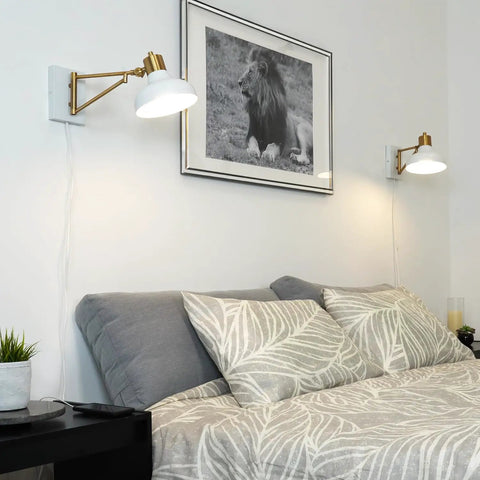 1 Light Plug In Or Hardwire Swing Arm Wall Sconce With White Finish Brass Accents White Cloth Cord Mounted Bedside Lamp