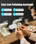 Slick Heavy Duty Workhorse Small Bench Buffing Grinder And Polishing Lathe Machine For Dental Lab With High Speed 3000Rpm Motor And Built In Lamp Plus Quiet Vacuum Extraction Pipe 110V 60Hz in use with gold rings.