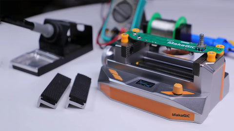 Desktop Mini Vise Dope For Soldering And DIY Projects With Adjustable Grip And Built In Lighting Magnifying Glass Attachment Smoke Exhaust Fan Ideal For Electronics Fine Crafting Repairs And Delicate Assemblies on PCB board