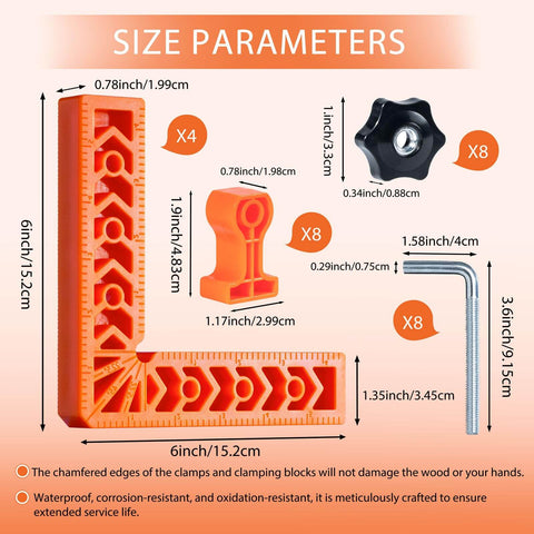Right Angle Woodworking Clamp Set 6x6 Inch Four Pack showing size parameters of engineering plastic corner clamps.