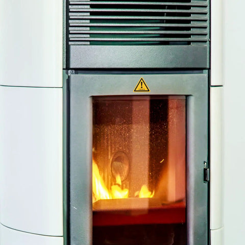 Yellow PVC Warning Stickers on machinery showing fire hazard warning sign with visible flames inside equipment