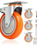 Six Inch Swivel Caster Wheels Set Of Four Heavy Duty Polyurethane Tires With Locking Brakes Reinforced Plates For Tool Carts And Dollies showing one wheel and accessories.