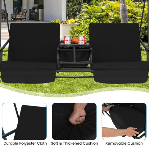 Close-up of Two Person Porch Swing With Canopy Outdoor Swing With Pivot Storage Table Cooler Bag Two Cup Holders Removable Cushions
